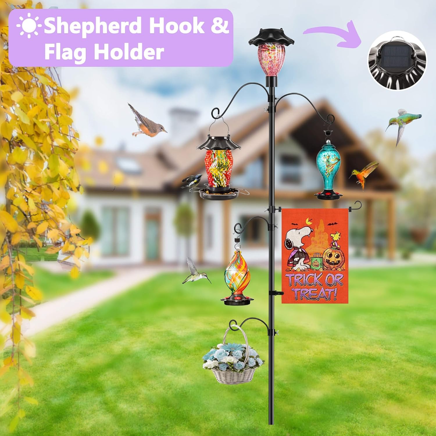 LUJII Solar Shepherds Hooks for Outdoors, Bird Feeder Pole with 4 Adjustable Hangers and 1 Flag Holder, Garden Stand for Hummingbird Feeders, Wind Chimes, Plant Baskets, Lanterns (Purple)