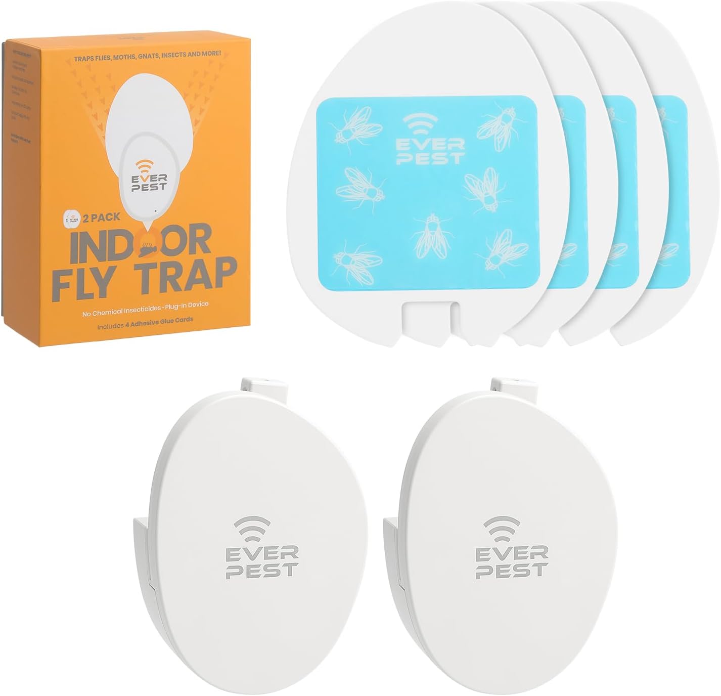 2 Pack Indoor Fly Trap + 4 Glue Cards - Electric Plug-in Insect Catcher for Flies, Fruit Flies, Gnats, and Moths - Insect Trap with Sticky Cartridges Another Pack