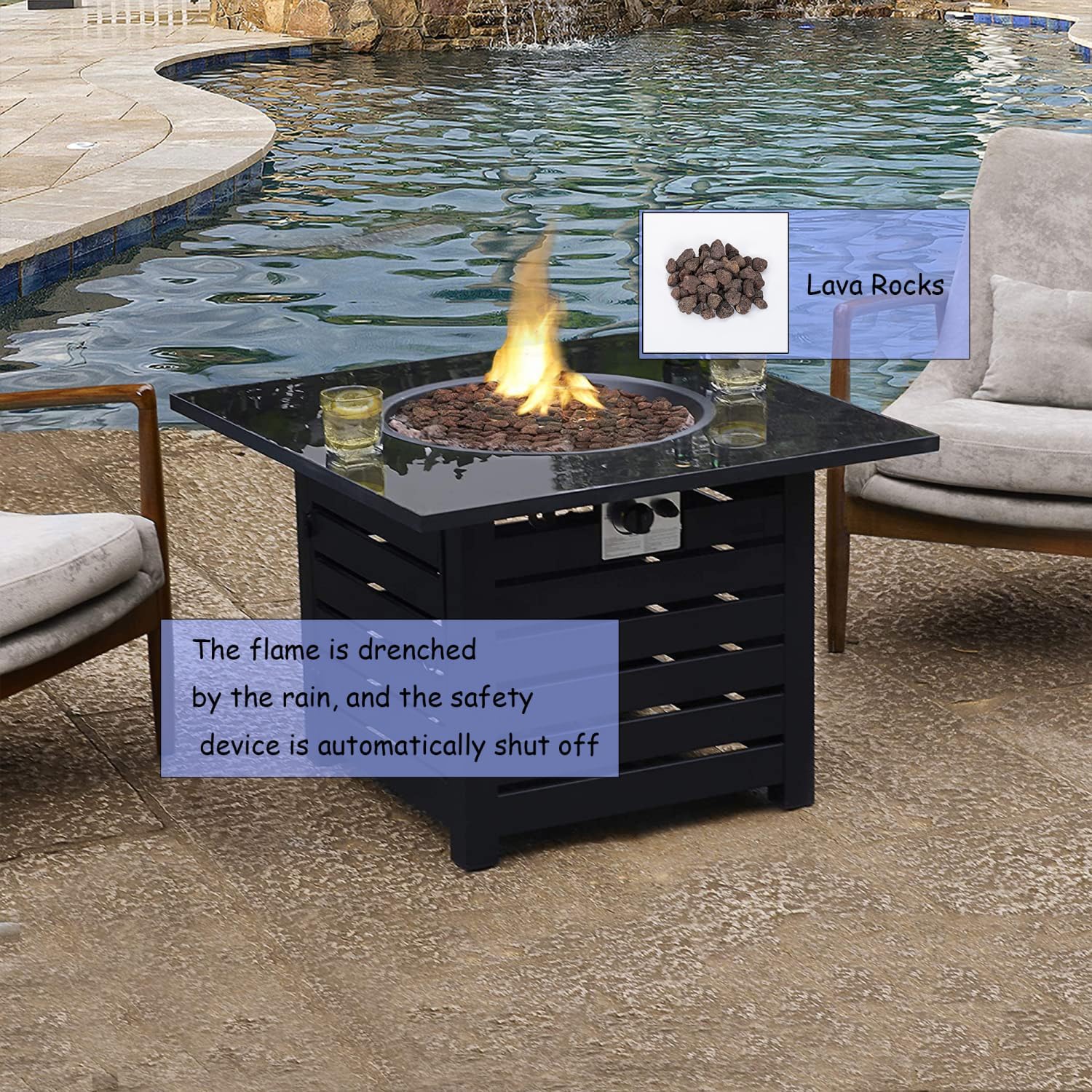 Fire Pit Table, 32-inch Square 50,000 BTU Auto-Ignition Propane Gas Firepit with Cover