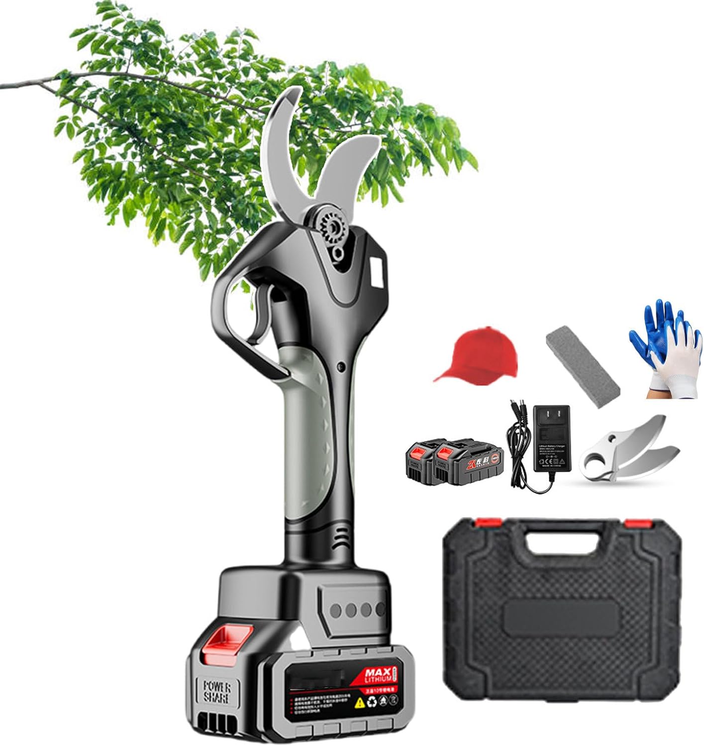 Electric Secateurs, Garden Secateurs with Gloves, Sun Hat and Tool Box, Professional Cordless Pruning Shears for Gardening Trees, Knife Adjustment: 6 cm,2-battery