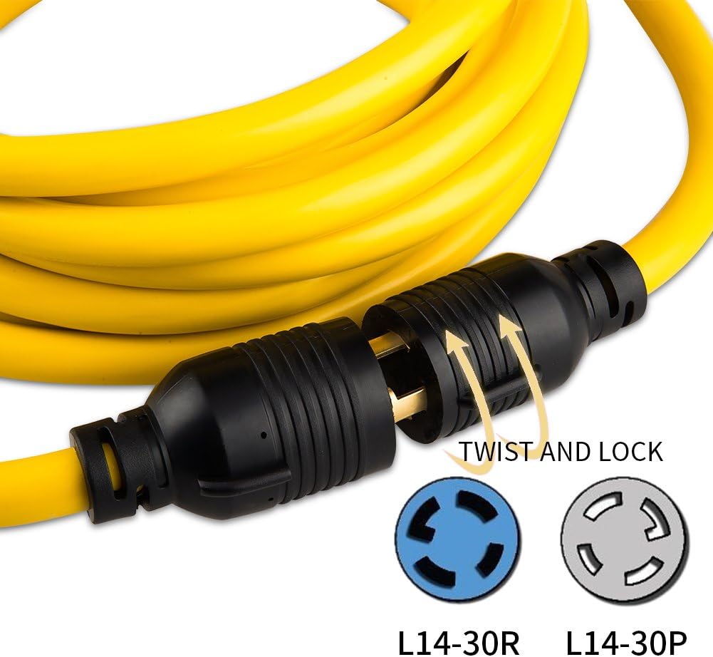 50 FEET Heavy Duty Generator Locking Power Cord NEMA L14-30P/L14-30R,4 Prong 10 Gauge SJTW Cable, 125/250V 30Amp 7500 Watts Yellow Generator Lock Extension Cord with UL Listed Yodotek
