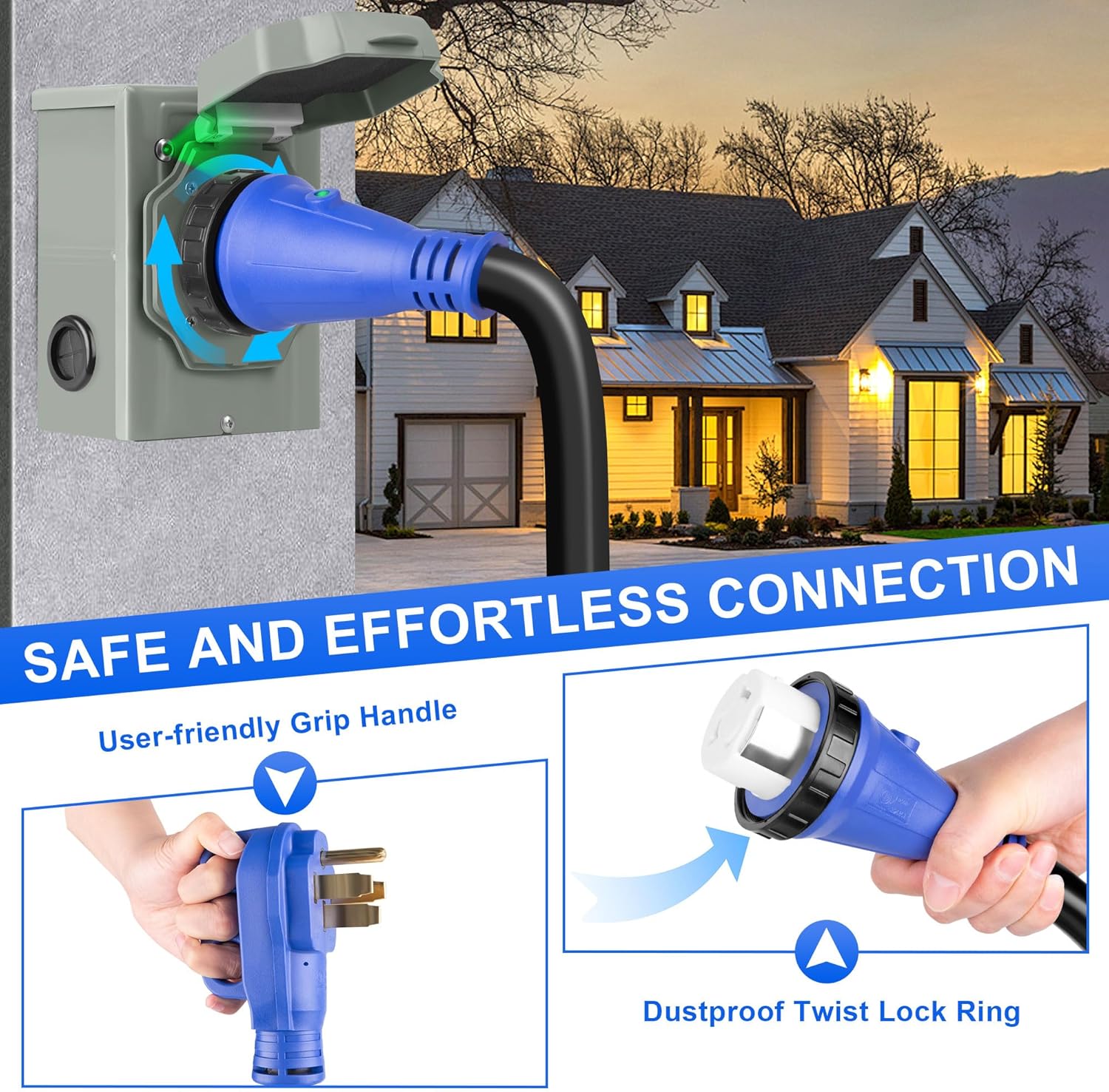 50 Amp RV Extension Cord 10 ft, NEMA 14-50P to SS2-50R Cable with Power Indicator& Polarity Lamp, 4 Prong 30A to 50A Generator Adapter Cord, NEMA L14-30P to 14-50R