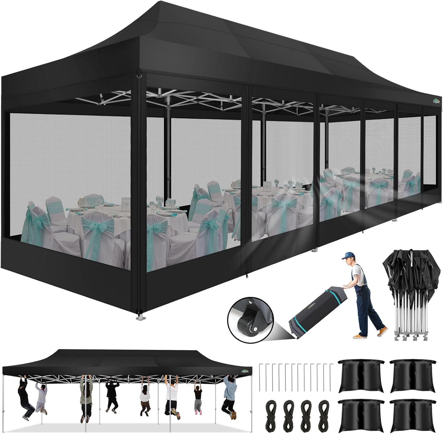 COBIZI 10x30 Pop Up Canopy Tent with Sidewalls, Heavy Duty 10x30 Party Tent Easy up Canopy, UPF 50+, Waterproof Commercial Outdoor Backyard Vendors Tents Gazebo with Roller Bag (10 x 30 ft)