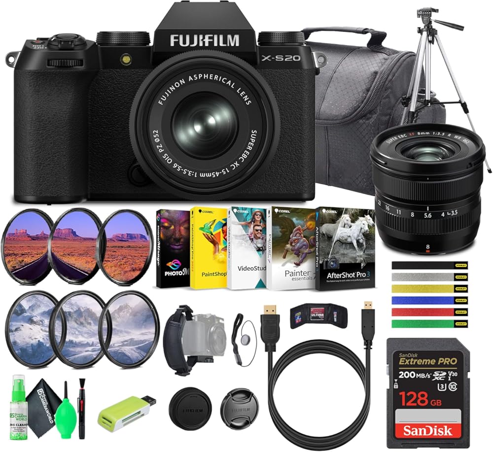 FUJIFILM X-S20 Mirrorless Camera with 15-45mm + XF 8mm f/3.5 R WR Lenses + 128GB Memory Card + Filter Set + Corel Editing Software + Camara Bag + Tripod, Ideal Vlogging Video Camera Kit (15pc Bundle)