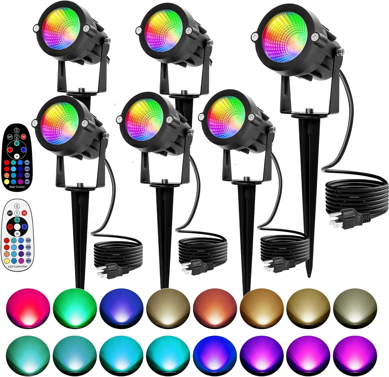 Halloween Christmas Spotlights Outdoor: RGBW Spotlights Plug-in 120V Remote Control 16 Color Changing Waterproof LED Landscape Spot lights for Yard Garden Lawn House Décor, 6 Pack (RGB + Warm Light)