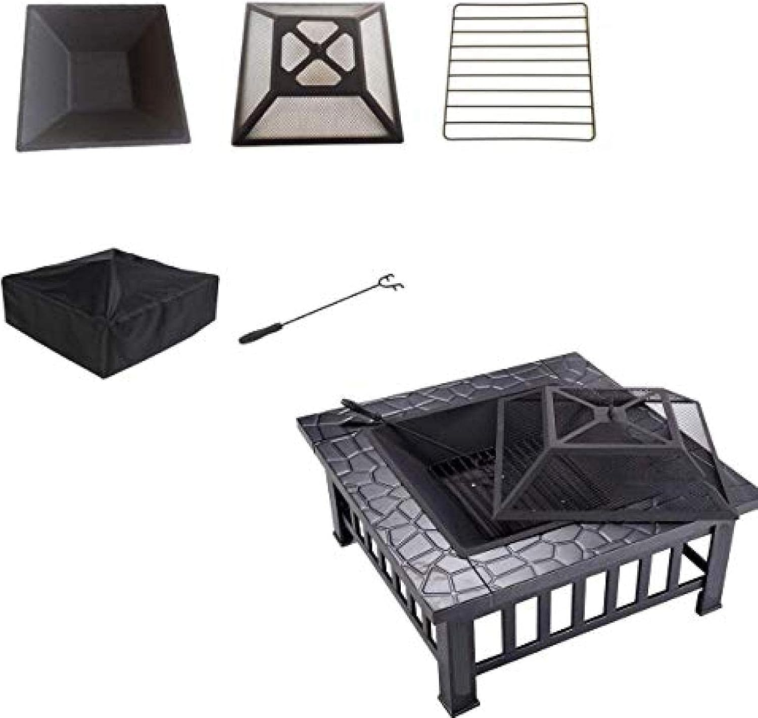 Fire Pit BBQ Grill Fire Bowl Square Metal Backyard Patio Garden Outdoor Pit Outdoor Garden Pit 32 Inch