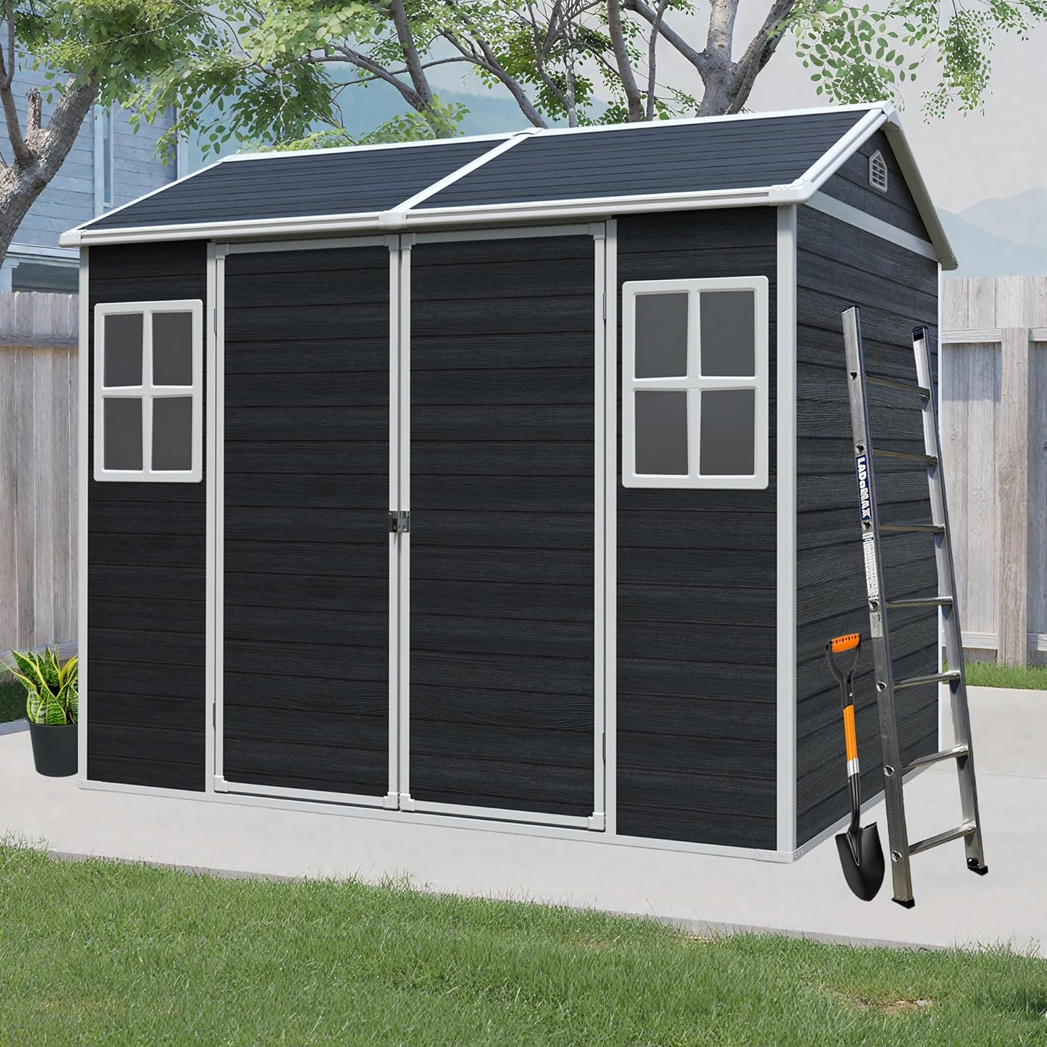 8x6 FT Storage Shed with Two Windows and Floor, Outdoor Resin Storage Shed with Vents, Lockable Double Door Plastic Shed, Waterproof Tool Sheds for Garden, Backyard, Patio, Lawn, Black