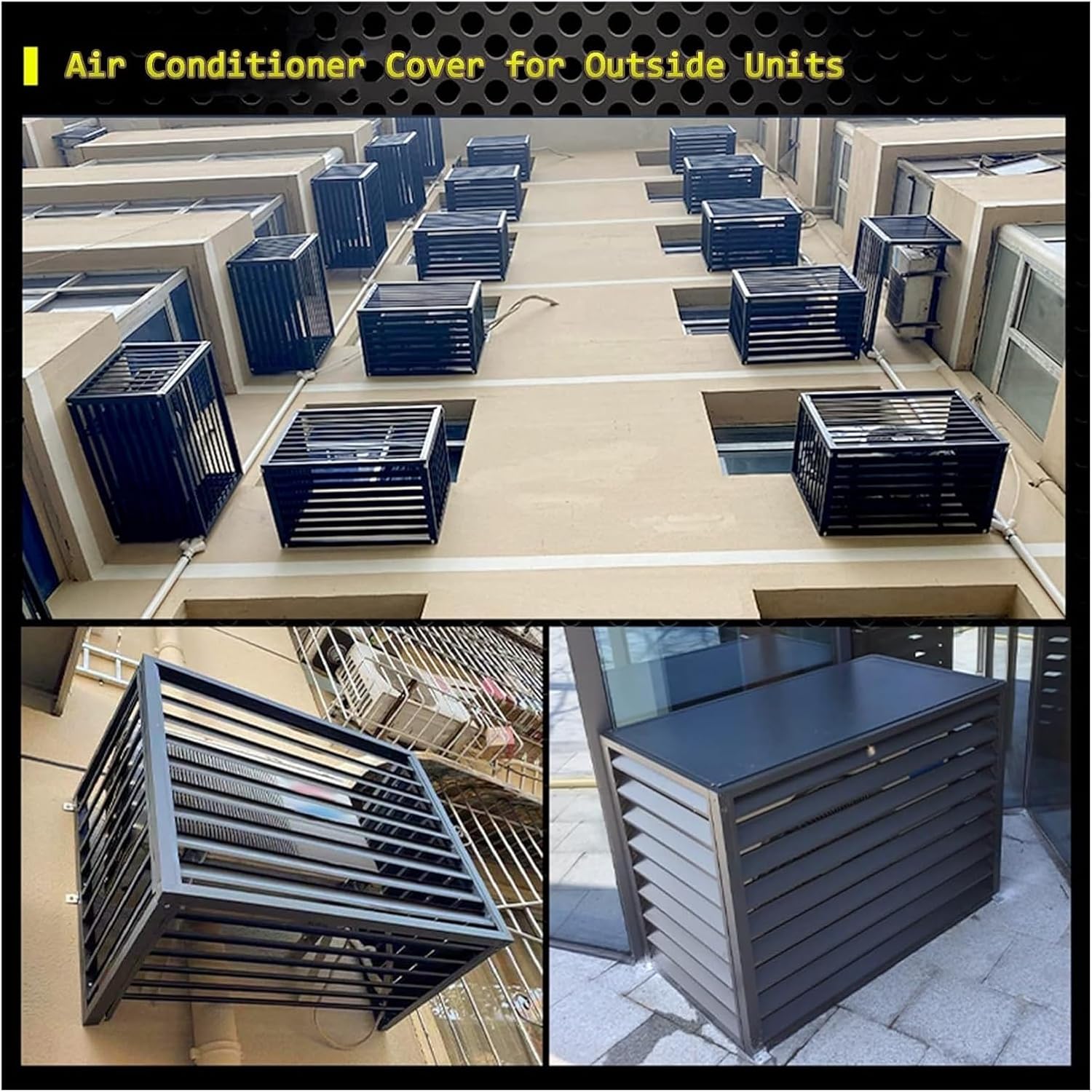 Outdoor Privacy Screen Air Conditioner Fence Trash Can Enclosure Decorative Aluminum Protective AC Cover Freestanding Fence For Garden Patio Lawn Flower Stand Window Fence(Black a,1.5P: L100*W50*H70CM