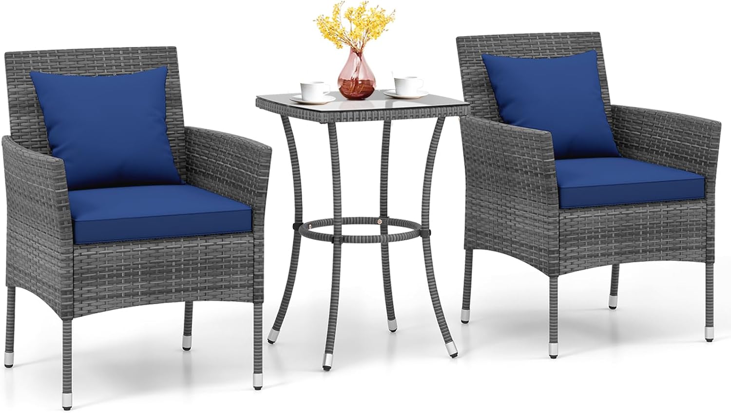 KOTEK 3 Pieces Patio Furniture Set, PE Rattan Outdoor Conversation Set with Tempered Glass Table & Soft Cushions, Wicker Bistro Set for Garden, Porch, Balcony (Navy)