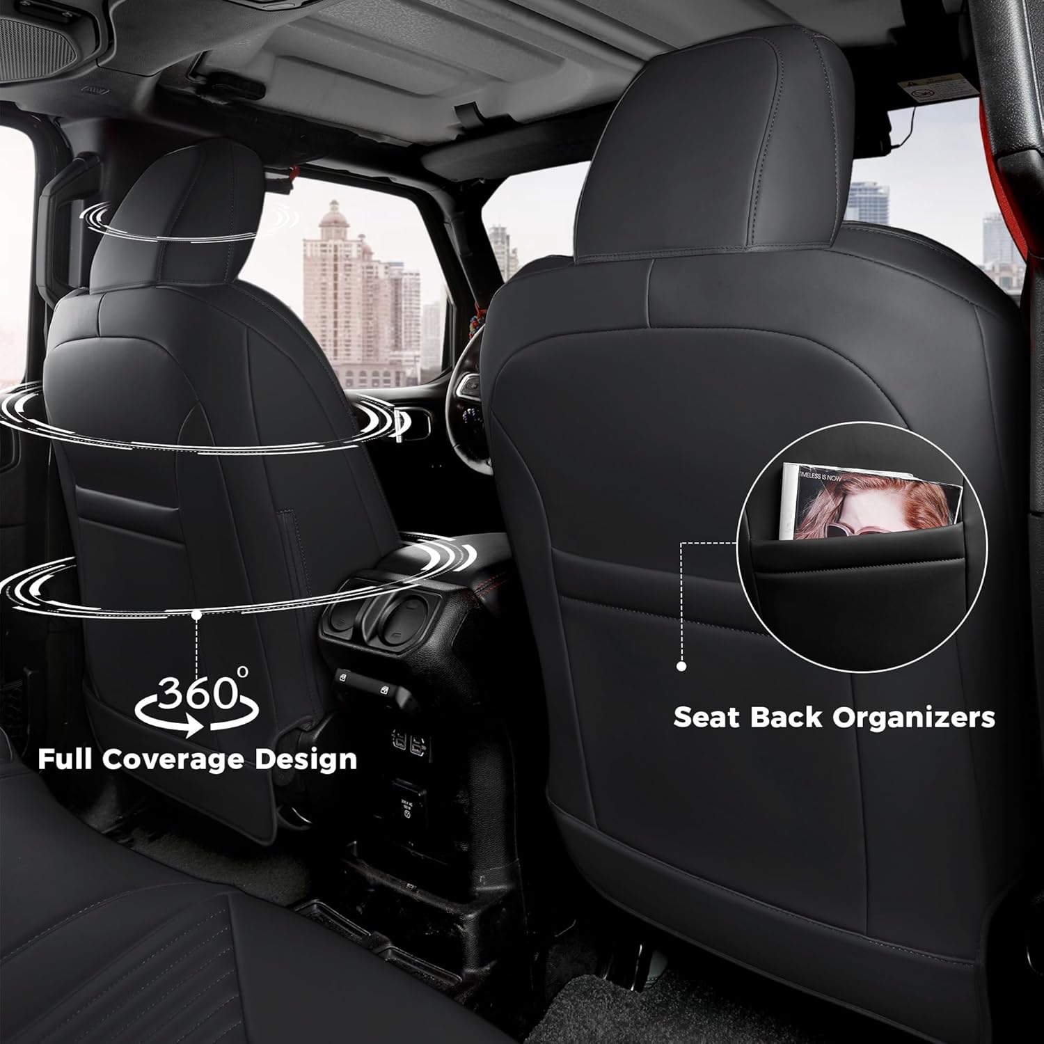 FREESOO Custom Seat Covers Full Set for Jeep Wrangler 4 Door 2018-2025 JL Accessories Sahara Altitude Rubicon 392 X High Altitude Unlimited, with Rear Cup Holder (Black)