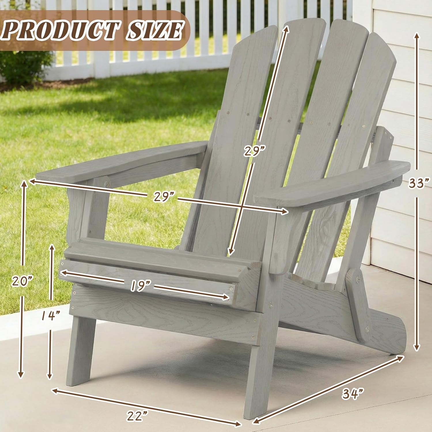 Folding Adirondack Chair, Solid Wood All-Weather Fire Pit Chairs with Pre-Assembled Backrest & Seat Board for Deck Backyard Patio Outdoor, Gray
