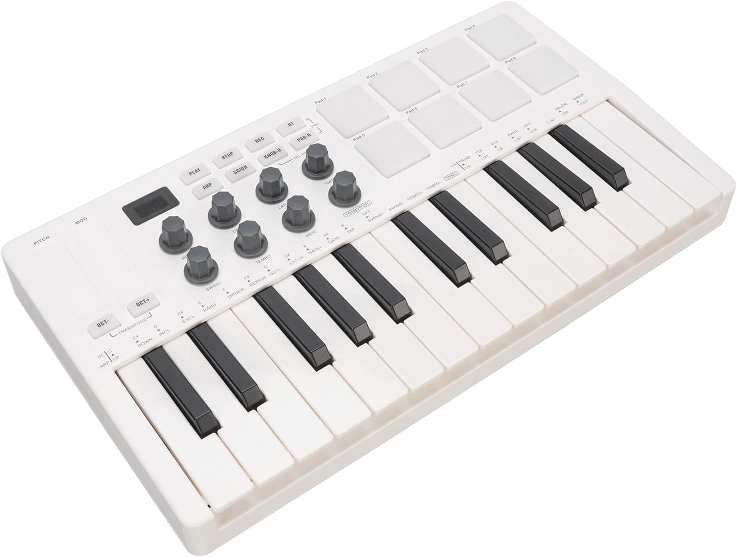 25 Key USB MIDI Keyboard Controller with 8 RGB Drum Pads, 8 Assignable 360 Degree Knobs and 2 Capacitive Touch Strips, Support Bluetooth Connection, for Beginners