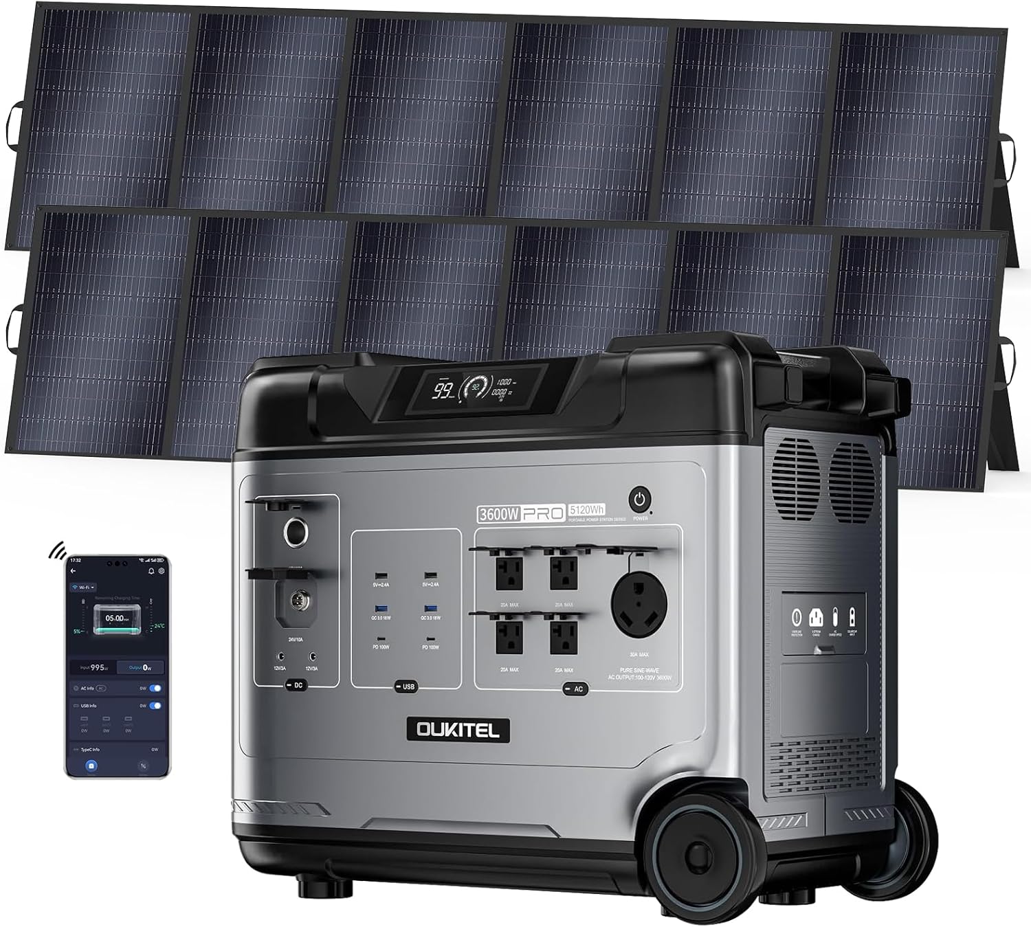 OUKITEL (2025 New)Portable Power Station P5000 Pro With 2 * 500W Solar Panel, 5x3600W AC Output (6000W Surge),5120Wh Large Capacity Solar Generator,1000W MPPT Solar for Emergency, Home Backup, Camping