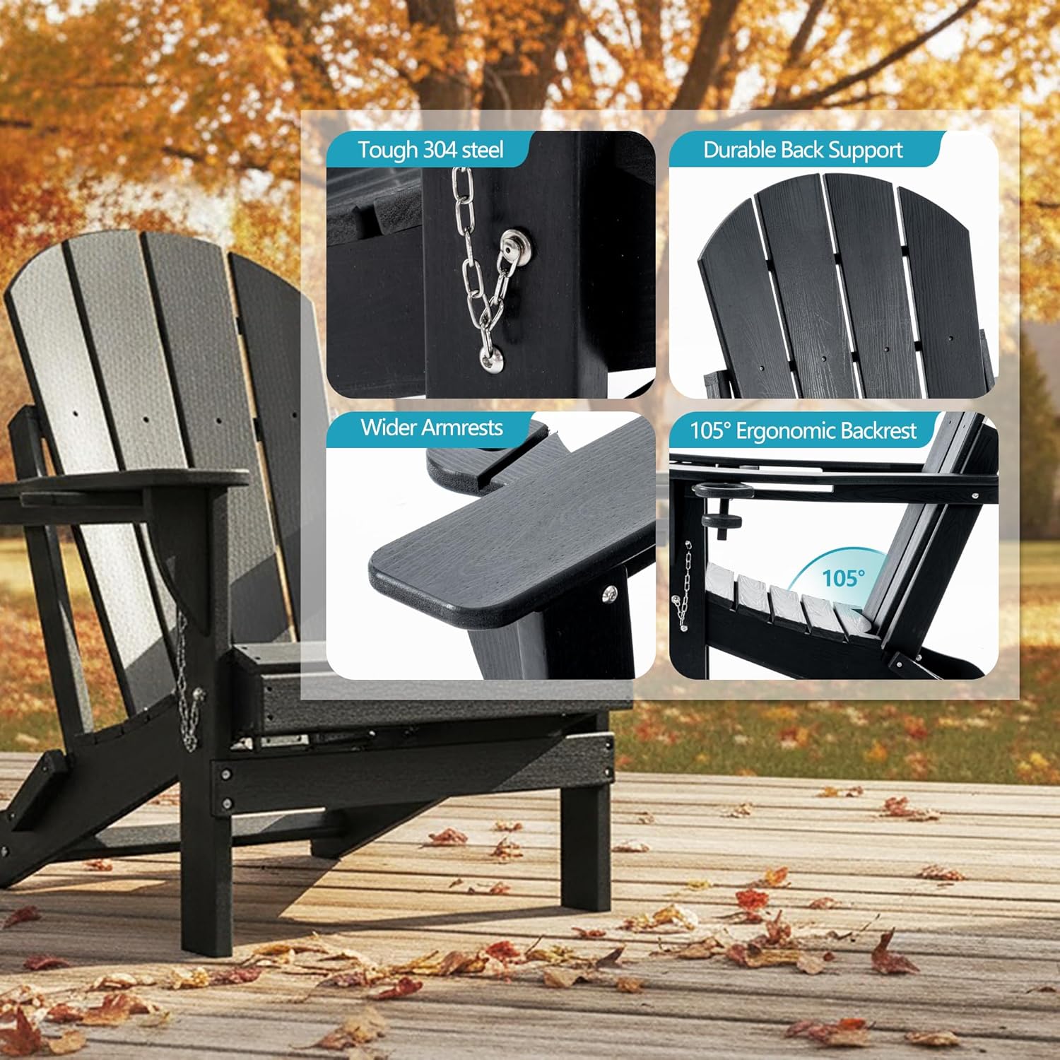 Folding Outdoor Adirondack Chairs Set of 4 with HDPE Side Tables-Plastic Weather Resistant Patio Chairs with Small Outdoor Side Tables 2 Storage for Patio,Fire Pit, Garden and Backyard