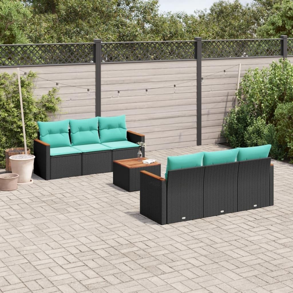 7 Piece Garden Sofa Set with Cushions, Black Poly Rattan Outdoor Furniture, Modular Patio Table and Chairs Set for Backyard