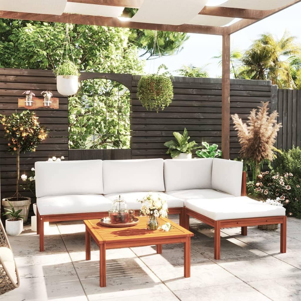Furniture Sets 5 Piece Patio Lounge Set with Cushions Cream Solid Acacia Wood,Luxurious Patio Lounge Set: Acacia Wood with Plush Cushions for Outdoor and Indoor Comfort Garden Conversation Sets