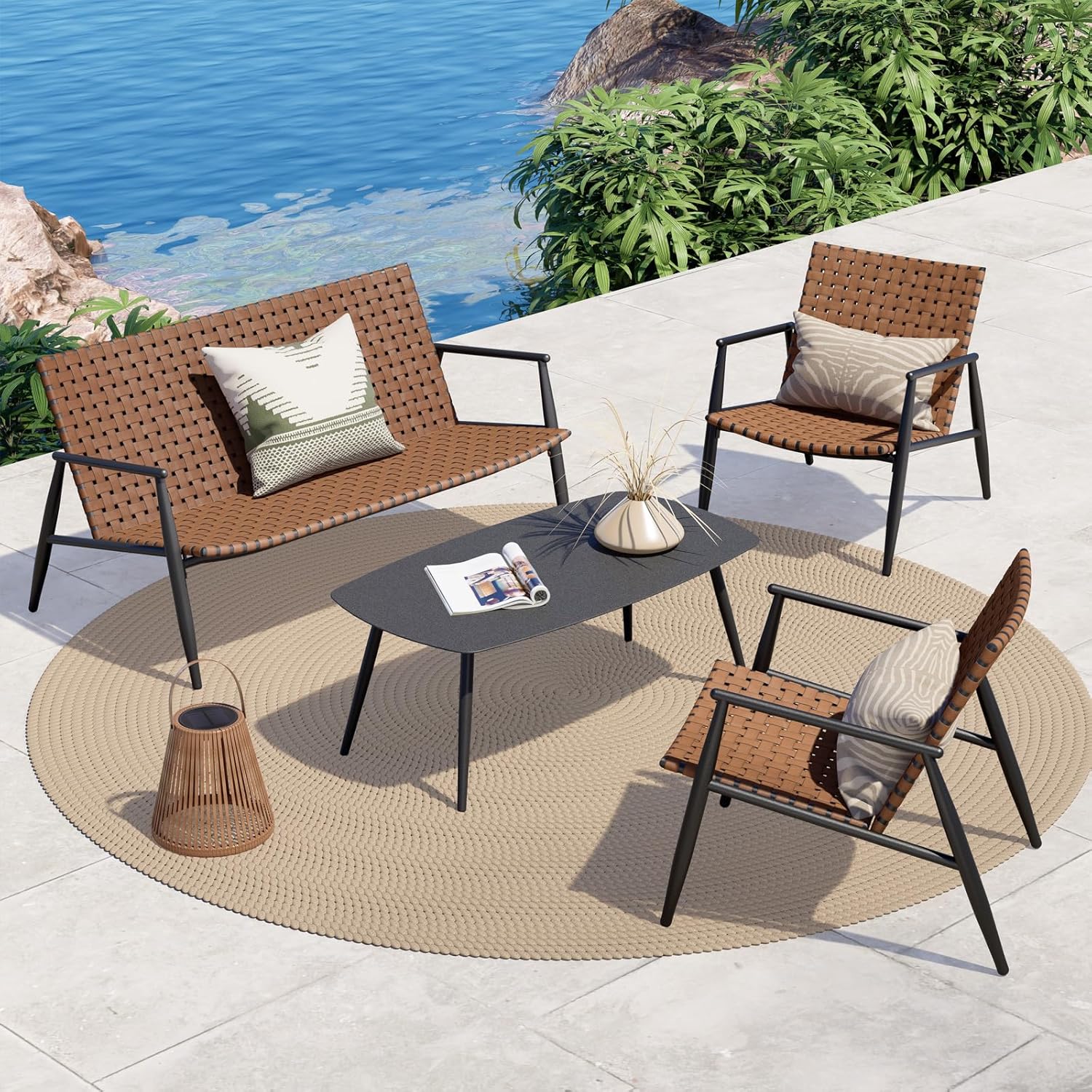 Grand patio 4 Pieces Outdoor Furniture Set, Leather-Look Patio Conversation Set, Vintage Brown Wicker Chairs Loveseat and 1 Coffee Table, Patio Furniture for Garden, Backyard, Porch