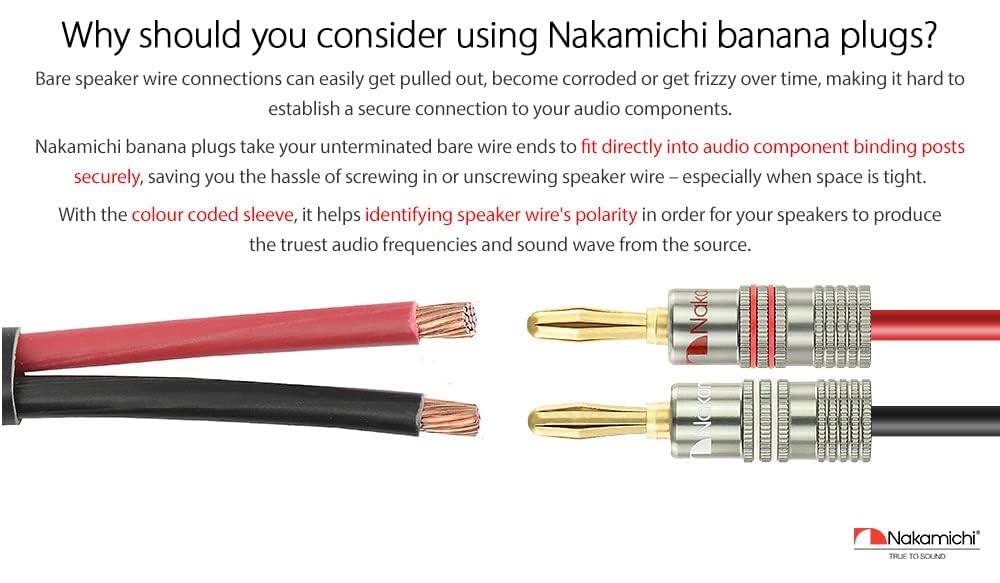 Nakamichi Ultimate Series 24K Gold Plated Beryllium Red Copper Banana Plug 12-18 AWG Gauge Size 4mm Connector for Speakers Wire Amplifiers Hi-Fi Sound Systems (36 Pcs (18-Pairs), Banana Plugs)