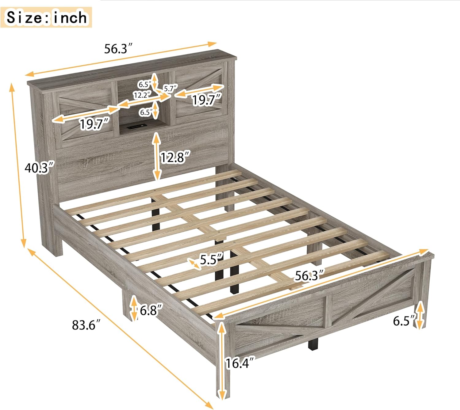 Farmhouse Bed Frame with Storage Headboard and Charging Station, Wood Queen Bed Frame with Sliding Doors, Farmhouse Platform Bed with USB Ports Antique Gray (Product H)