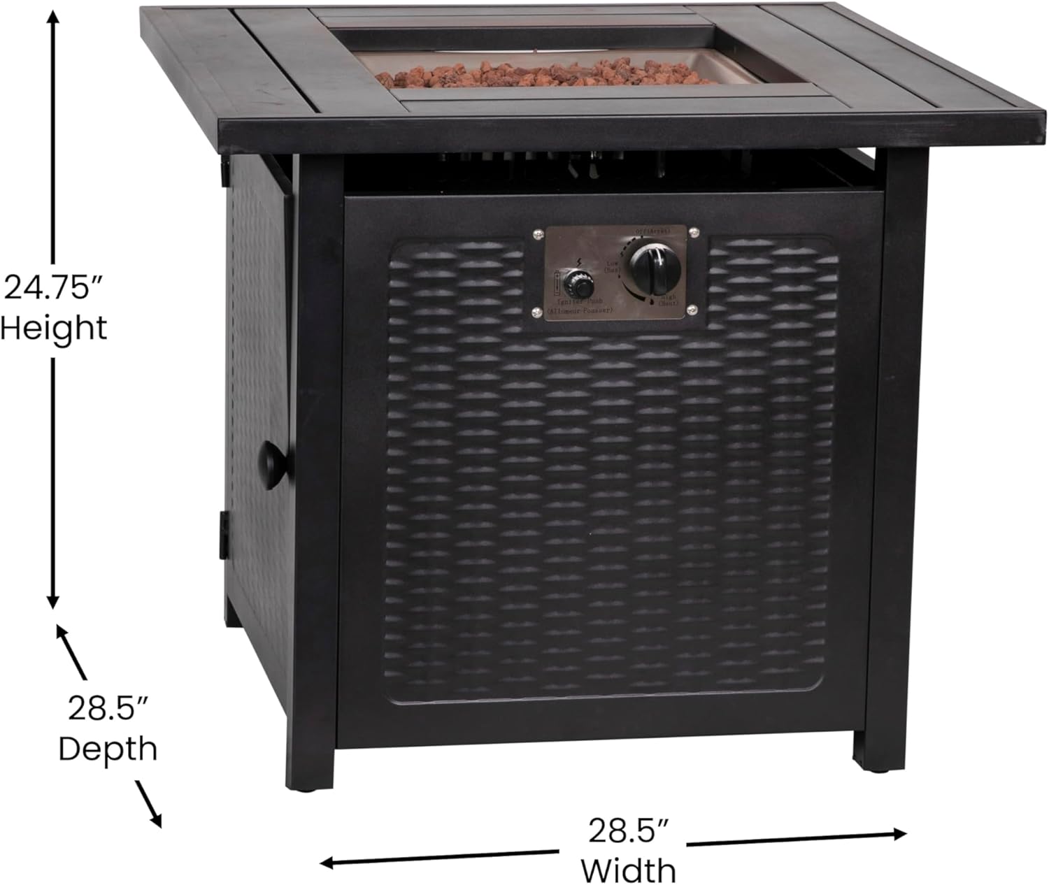 BizChair 50,000 BTU Outdoor Propane Gas Fire Pit Table - Black Stainless Steel Tabletop and Steel Wicker Detail Base - 28