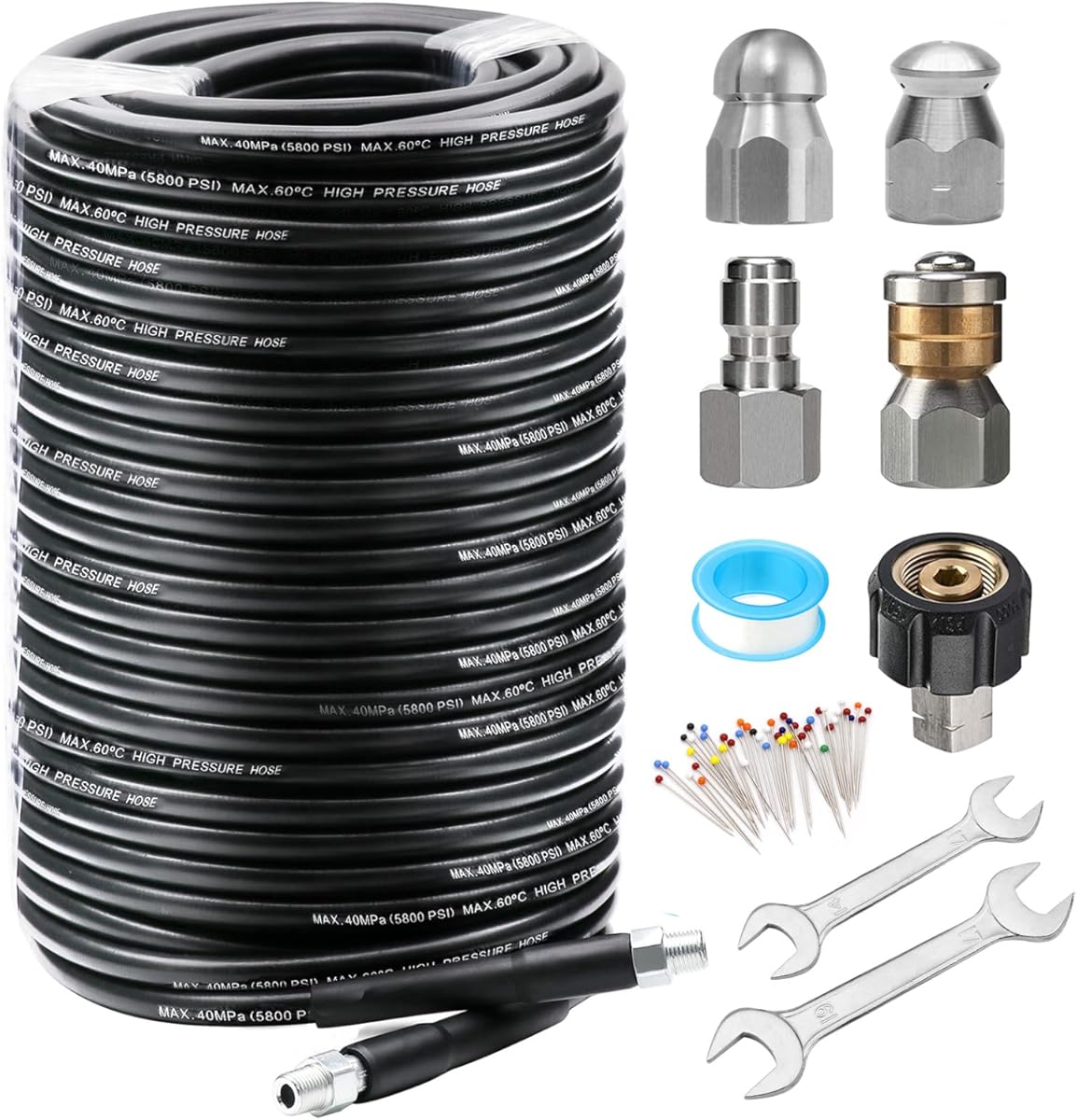 200FT Sewer Jetter Kit for Pressure Washer, 5800PSI Drain Cleaner Hose 1/4 Inch NPT, Corner, Rotating and Button Nose Sewer Jetting Nozzle Waterproof Tape Pearl Corsage Pin with 2Pcs Spanner