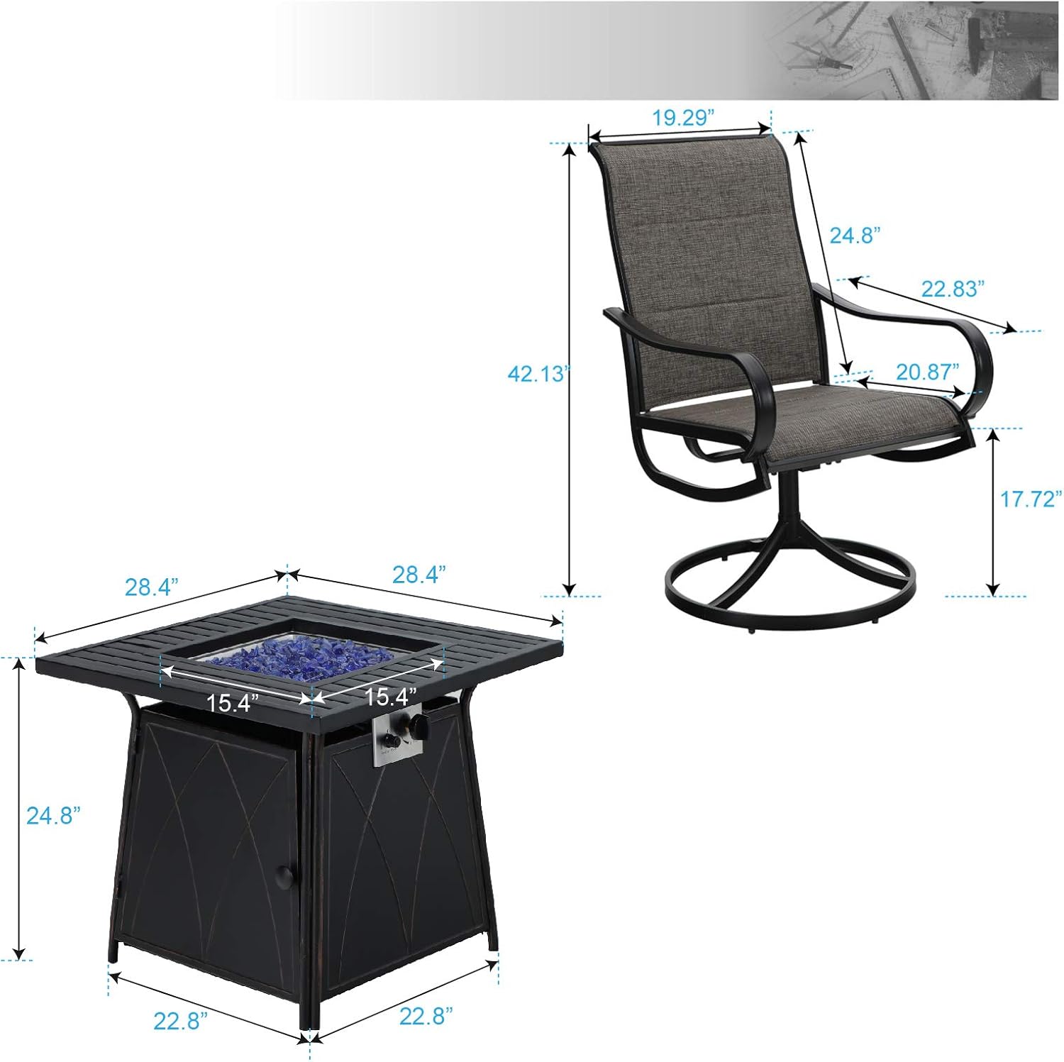 MFSTUDIO 5 Piece Outdoor Patio Conversation Furniture Fire Propane Pit Set，4 Textilene Quick Dry Foam Padded Swivel Chairs and 28 inch Steel Striped Square Fire Table for Patio, Porch, Backyard,Black