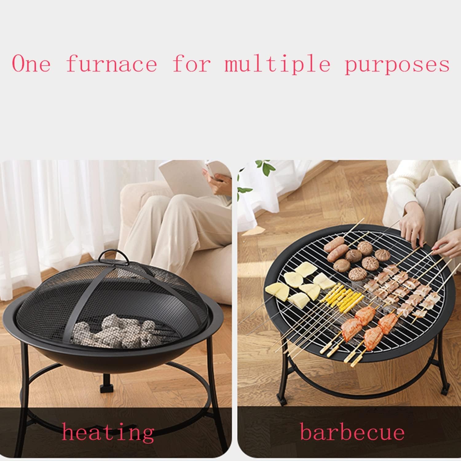 Indoor Fire Pit with Grill, Camping Stove, Large 56cm Garden Firepit, Outdoor Portable Brazier for Patio Heater Camping Bowl with Lid & Poker, Wood & Coal Burning