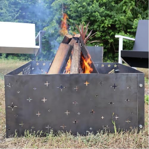 Twinkling Stars Steel Fire Pit - Metal Outdoor Backyard Fire Ring - Starry Night Patio Decor - Rustic Stars Fire Place (Raw Steel -Dark, 35