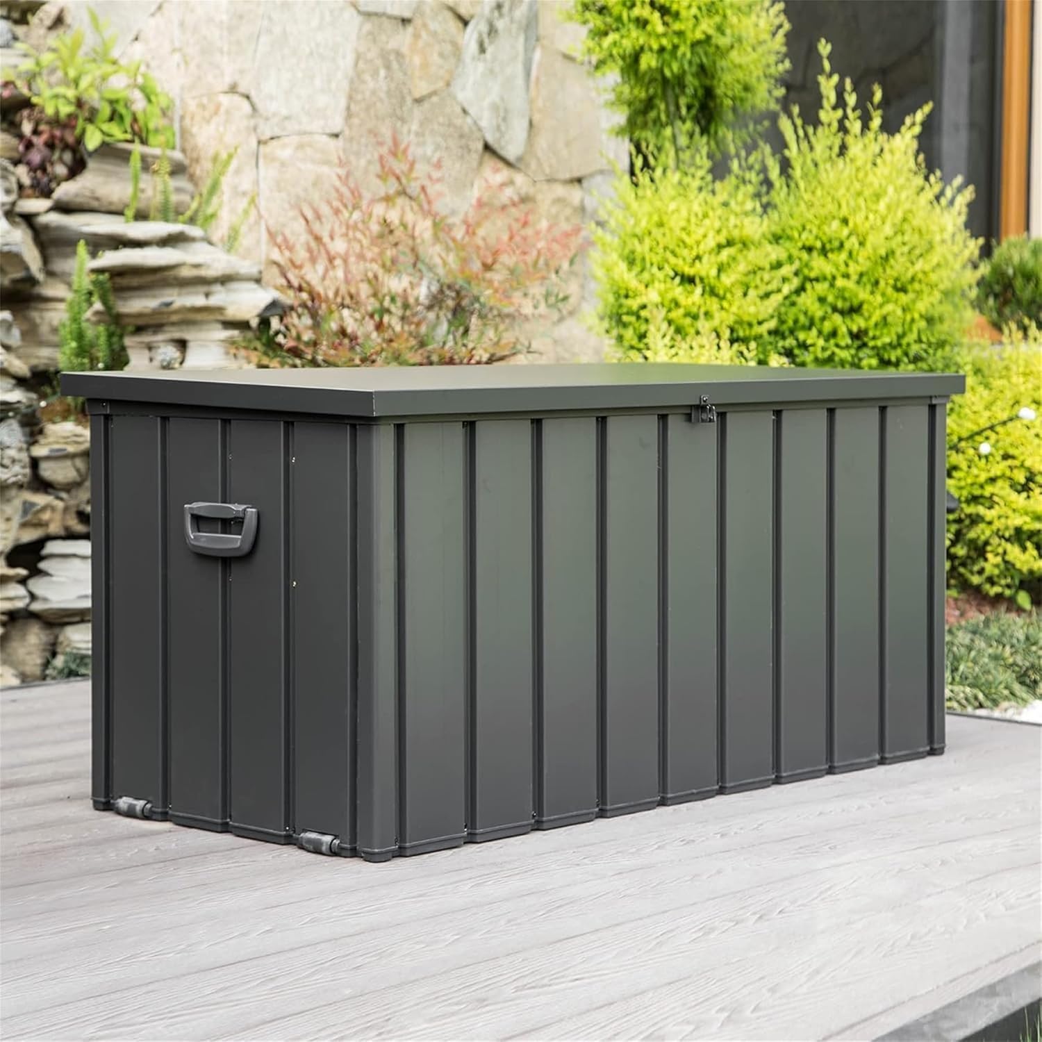 LANTRO JS 100 Gallon Metal Deck Box, Outdoor Storage Box Waterproof with Wheels, Lockable Storage Container for Patio Furniture Cushions Garden Tools, Dark Gray