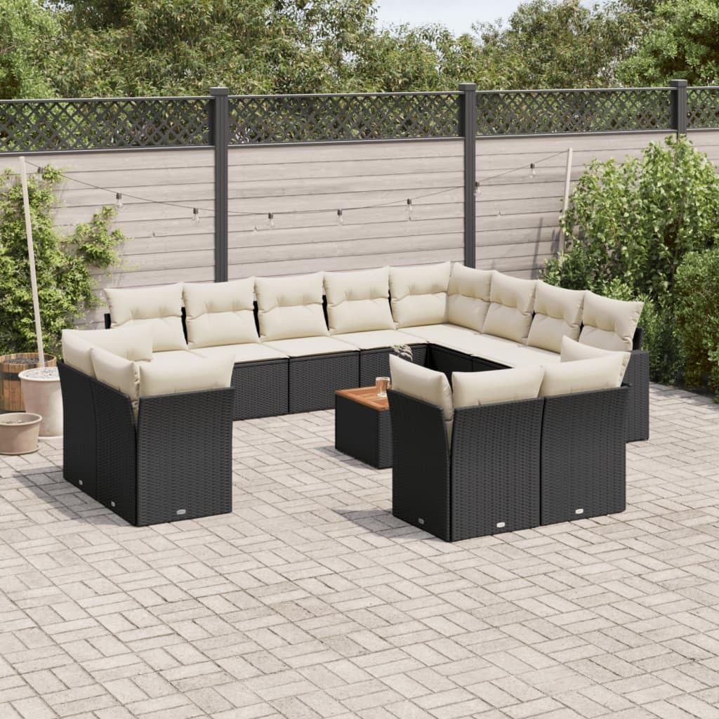 13-Piece Garden Sofa Set in Black and Cream White, Modular Outdoor Furniture with Storage, Durable PE Rattan and Steel Frame, Water-Resistant Cushions, UV Resistant for Patio