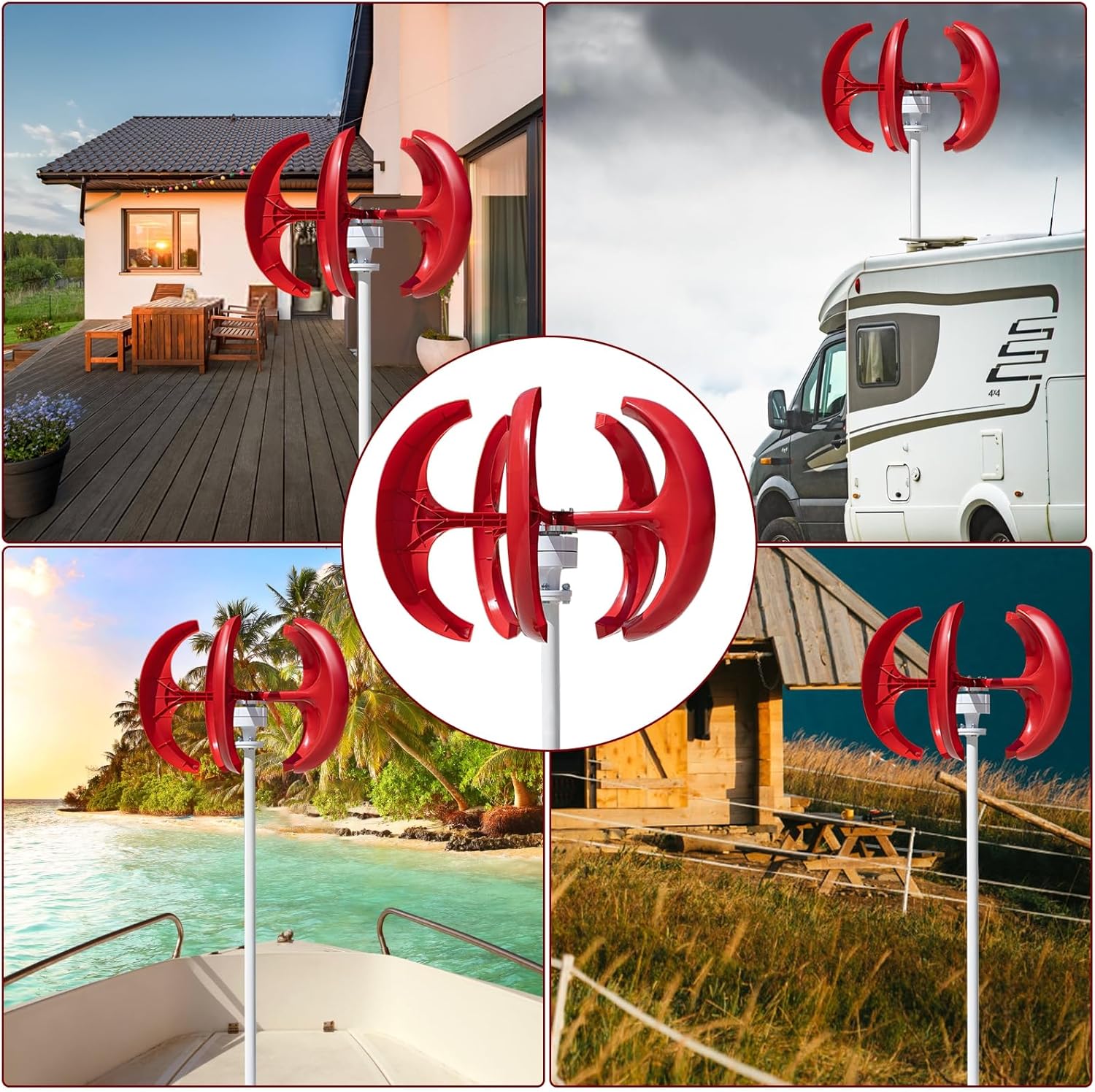 5-Blade Wind Turbines Generator,Lantern Wind Turbines Generator Kit, Electromagnetic Electricity Producer Equipment(1000W 12V/24V) Red