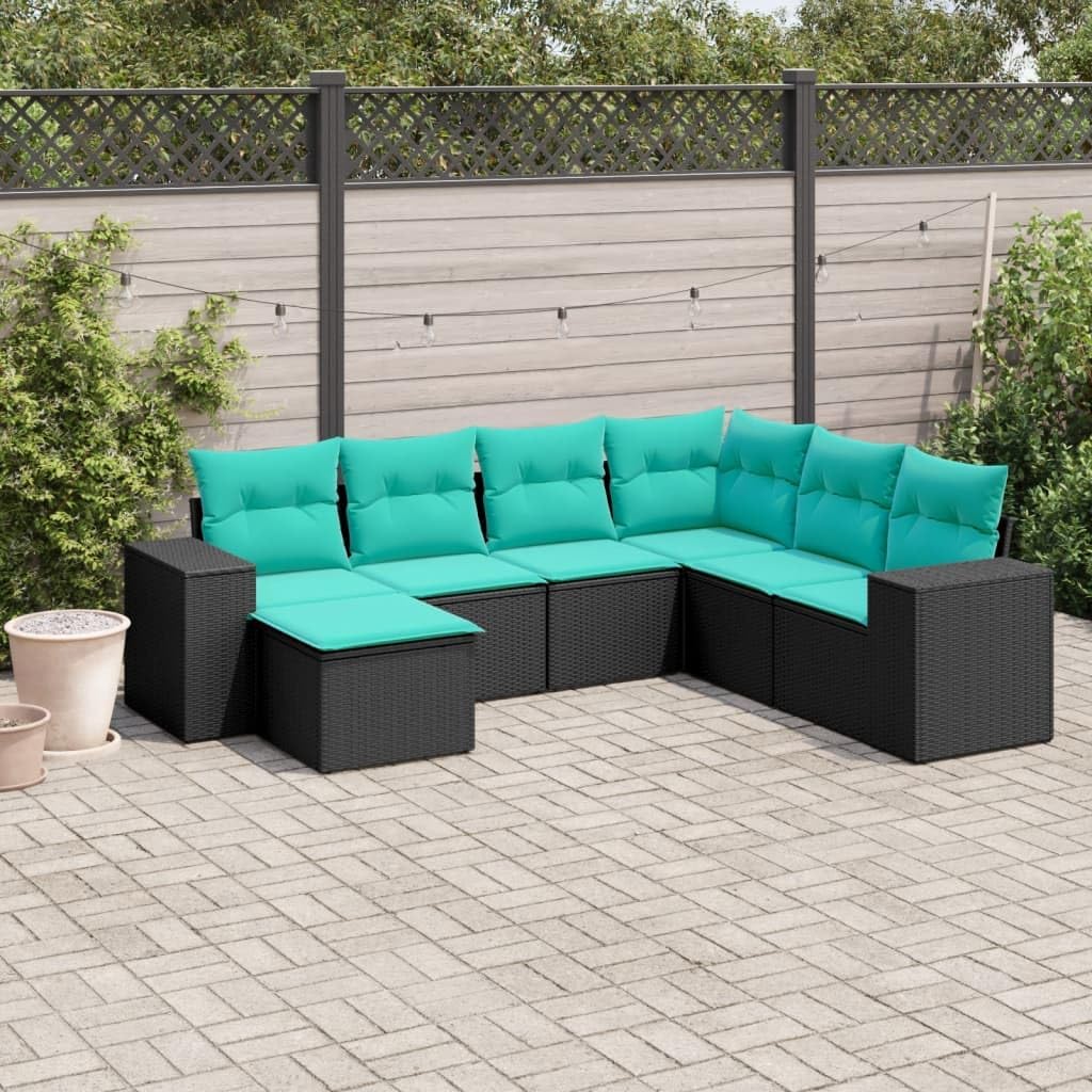 7-Piece Patio Sofa Set, Black PE Rattan, Blue Cushions, Modular Outdoor Sectional Furniture for Garden, Balcony, Deck, All-Weather Seating for 7 People