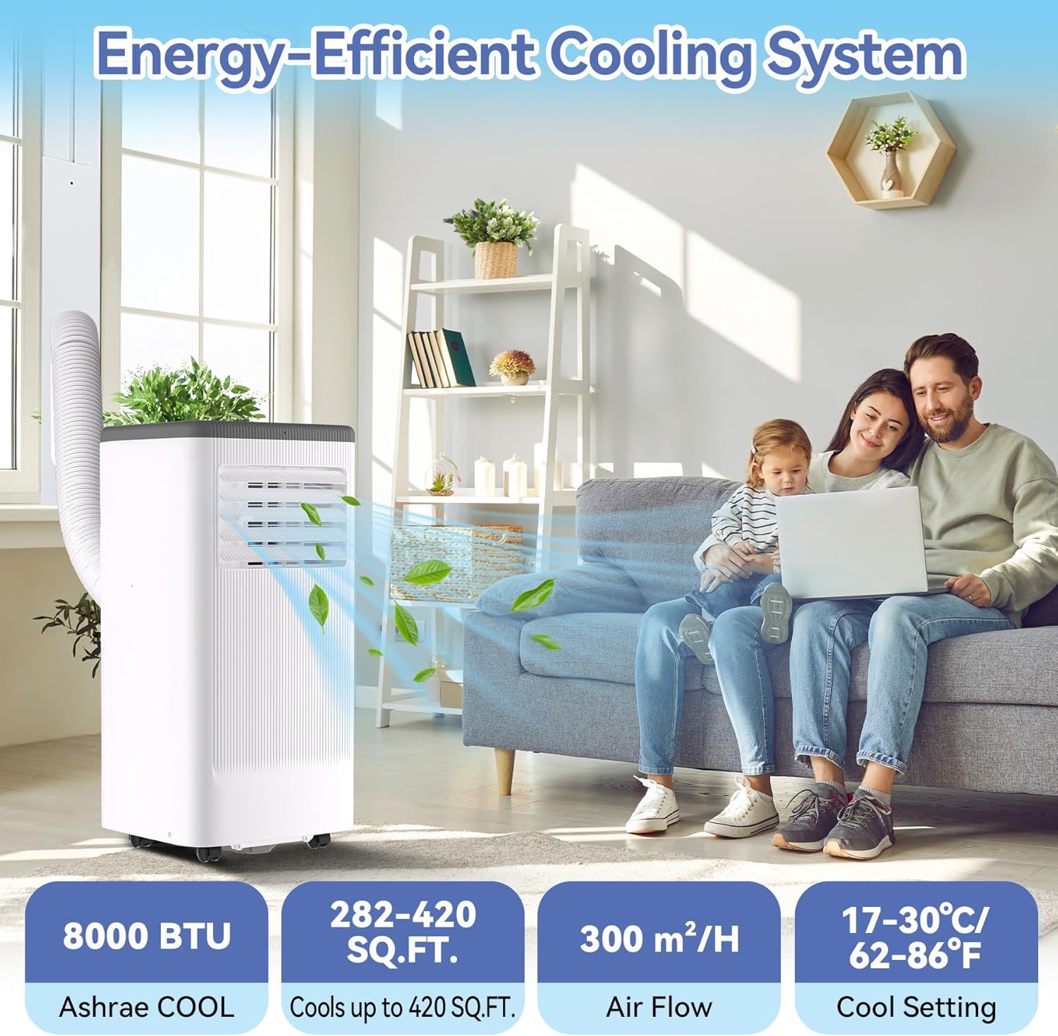 Portable Air Conditioner with Cooling, Dehumidifier and Fan Functions, Standing Cooling, 12000 BTU, Cools Up to 600 Sq. Ft., Remote Control, LED Display, and Window Venting Kit Included