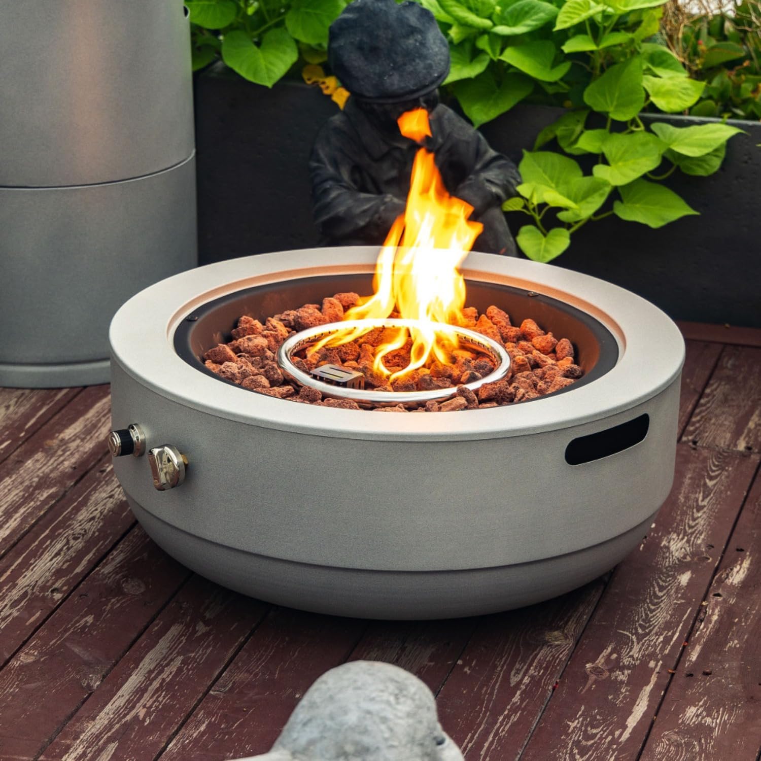 Modern Propane Fire Pit, 50,000 BTU Grey Steel Outdoor Firepit Bowl with Lid & Lava Rocks, Portable Gas Smoke-Free Firepit for Patio, Backyard, Balcony