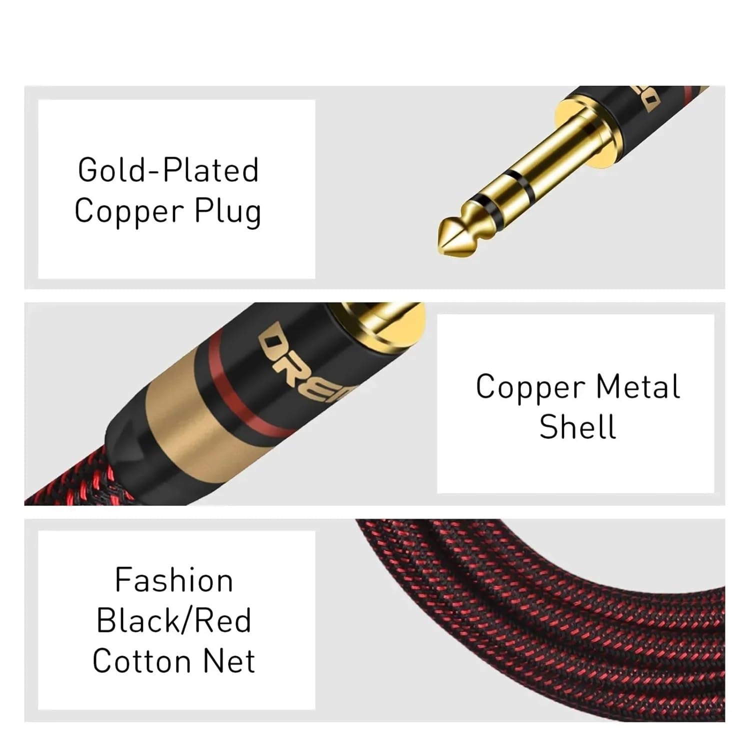 Stereo Audio Line TRS 1/4 Inch Male to Male Guitar Amp Cord 6.5mm to 6.5mm for Guitar Sax Speaker Amplifer Mixer Equalizer(Red-Flat Angle,1m)