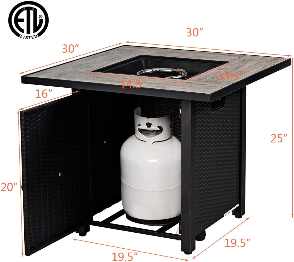 30-Inch Fire Table Outdoor, 50,000 BTU Gas Fire Pit Table with Ceramic Tiles Tabletop, Lid, Lava Rock, Electric Igniter & Hideaway Tank Holder, Propane Fire Table for Outside, Patio(Black)