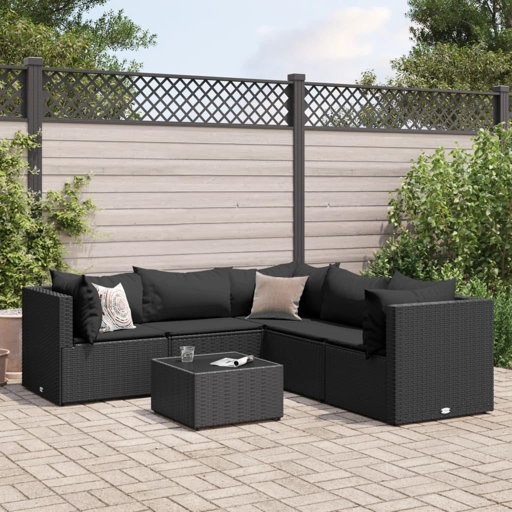 6 Piece Patio Lounge Set with Cushions Black Poly Rattan,Stylish Rattan Outdoor Lounge Set Comfortable & Versatile Furniture for Patios, Yards, and Gardens Furniture Sets for Patio, Lawn & Garden