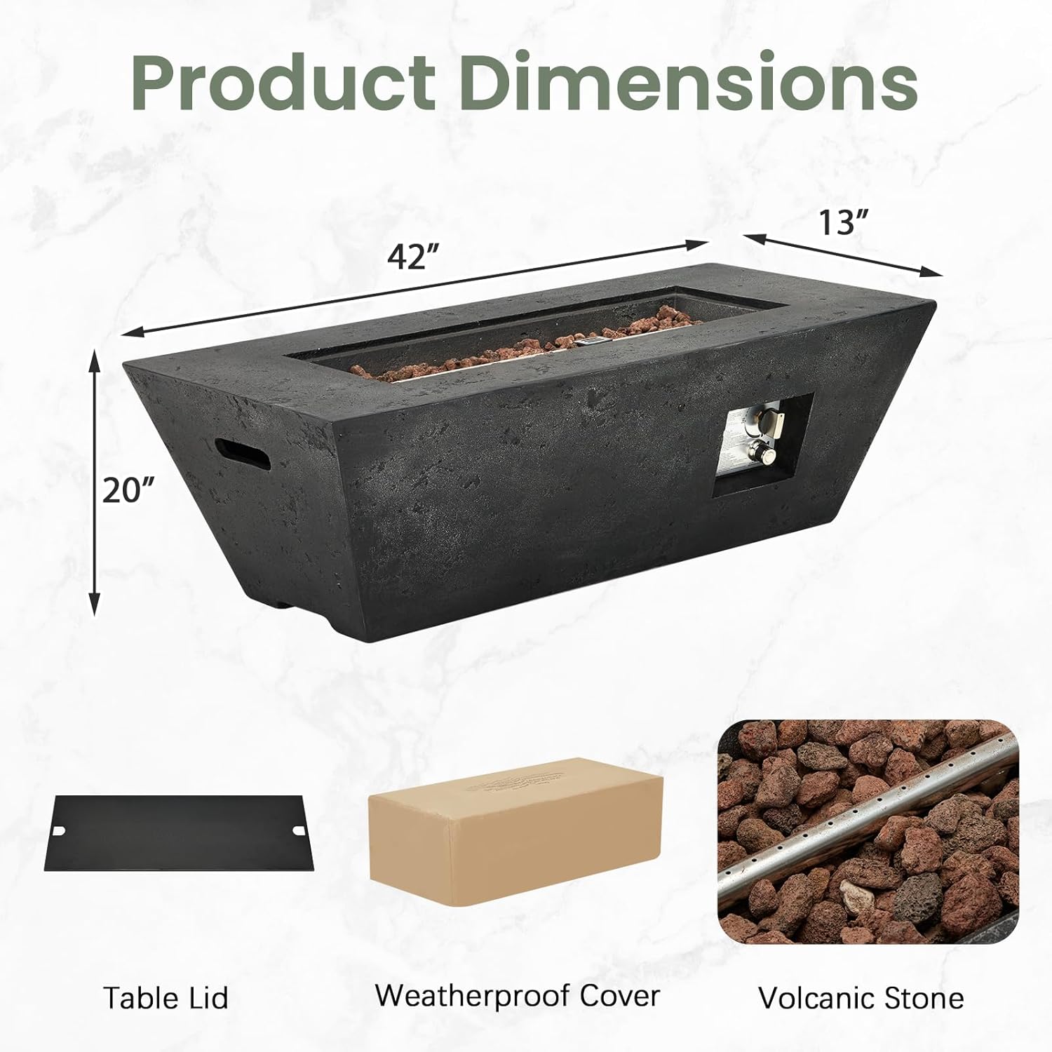 ECOTOUGE Trapezoid Gas Fire Pit, 42'' Outdoor Propane Firepit Table Set w/Side Handles, Auto-Ignition Steel Fire Table, 50,000 BTU Concrete fire Pit, Weather-Resistant Pit Cover,smokeless, Black