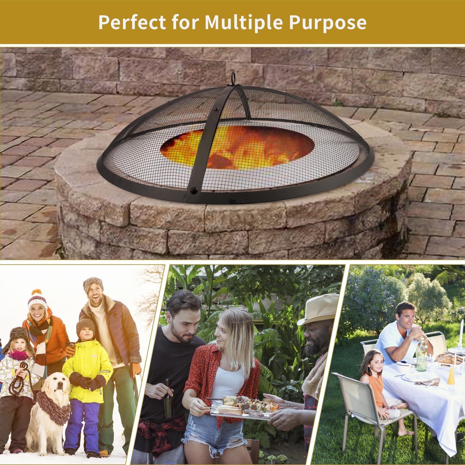 32Inch Heavy Duty Steel Fire Pit Spark Screen Cover,Outdoor Round Patio Mesh FirePit Screens Guard,Domed Fire Pit Ember Lid with Handle