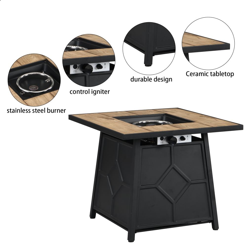 28-Inch Square Propane Fire Pit Table with Auto-Ignition, CSA-Certified Outdoor Gas Fire Table for Patio, Deck & Backyard (Grey + MDF+Iron)
