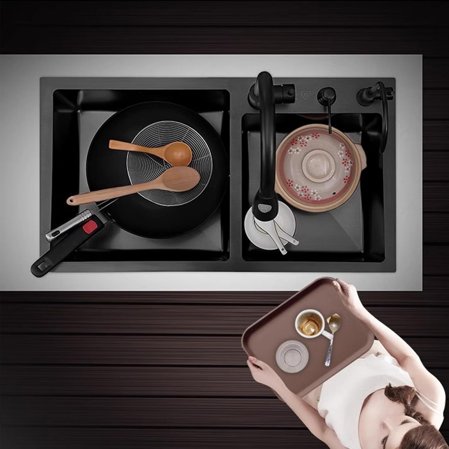 Kitchen Sink Tap,Black Kitchen Sink Double Bowl Sink Large Capacity Sink Stainless Steel Large Sink Including Faucet and Other Accessories (100x45x20cm)