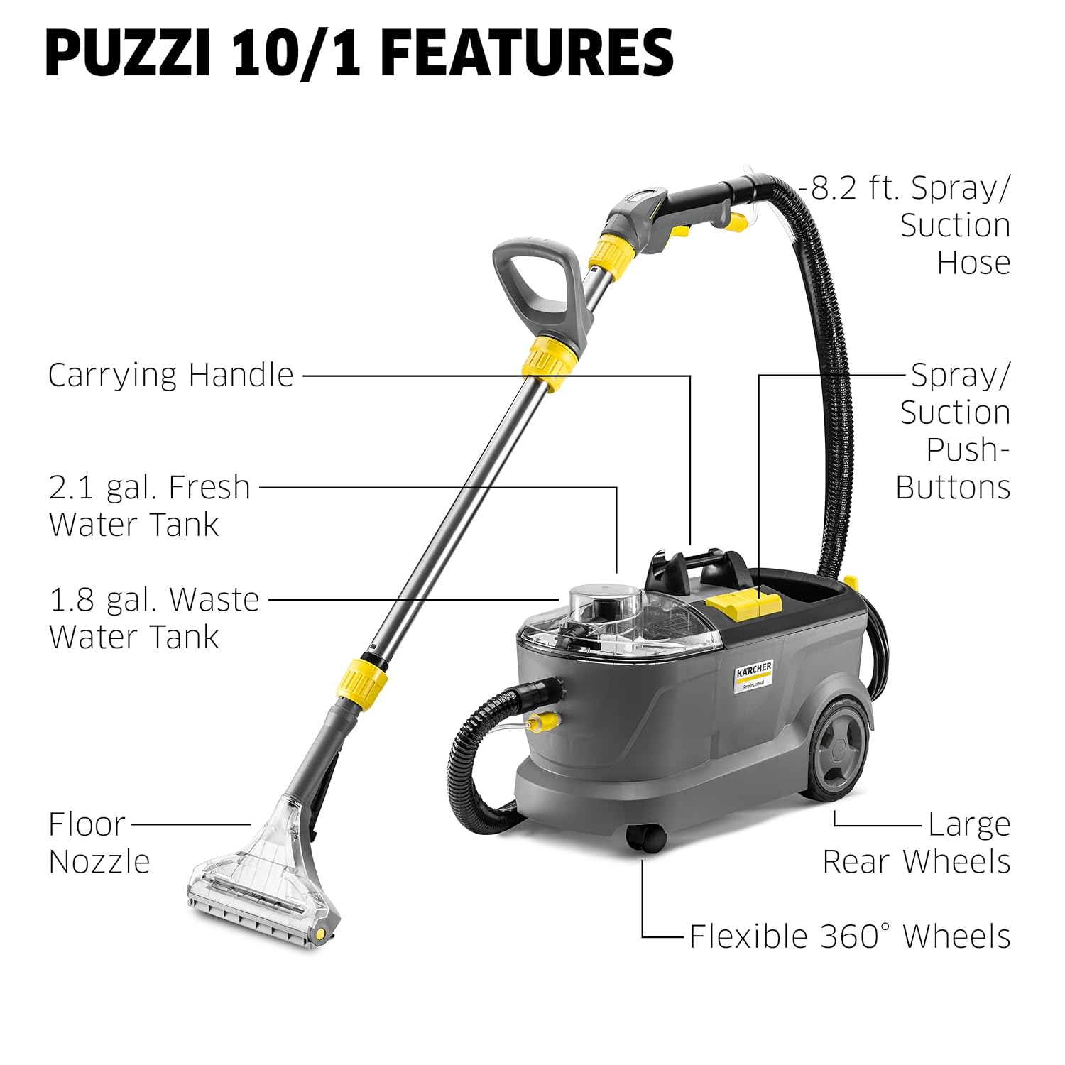 Kärcher Puzzi 10/1 Commercial Carpet Extractor 12.5 PSI - Spot Cleaner, Stain Remover, Area Rugs, Car and Auto Detailing, Carpet and Upholstery Cleaner - Onboard Accessory Storage - 4.9 Gallon