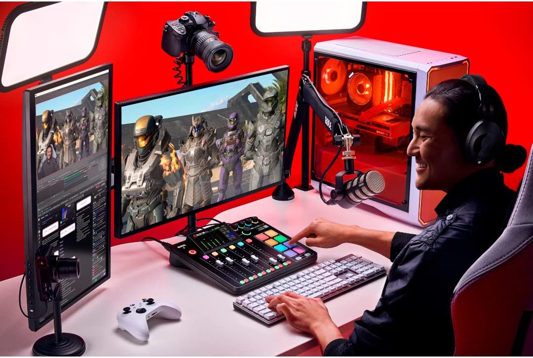 Rode RODECaster Pro II Integrated Audio Production Console with Rode PodMic, NTH-100 Studio Headphones, DS1 Microphone Stand, 32GB microSD Card, XLR Cable and StreamEye Cloth