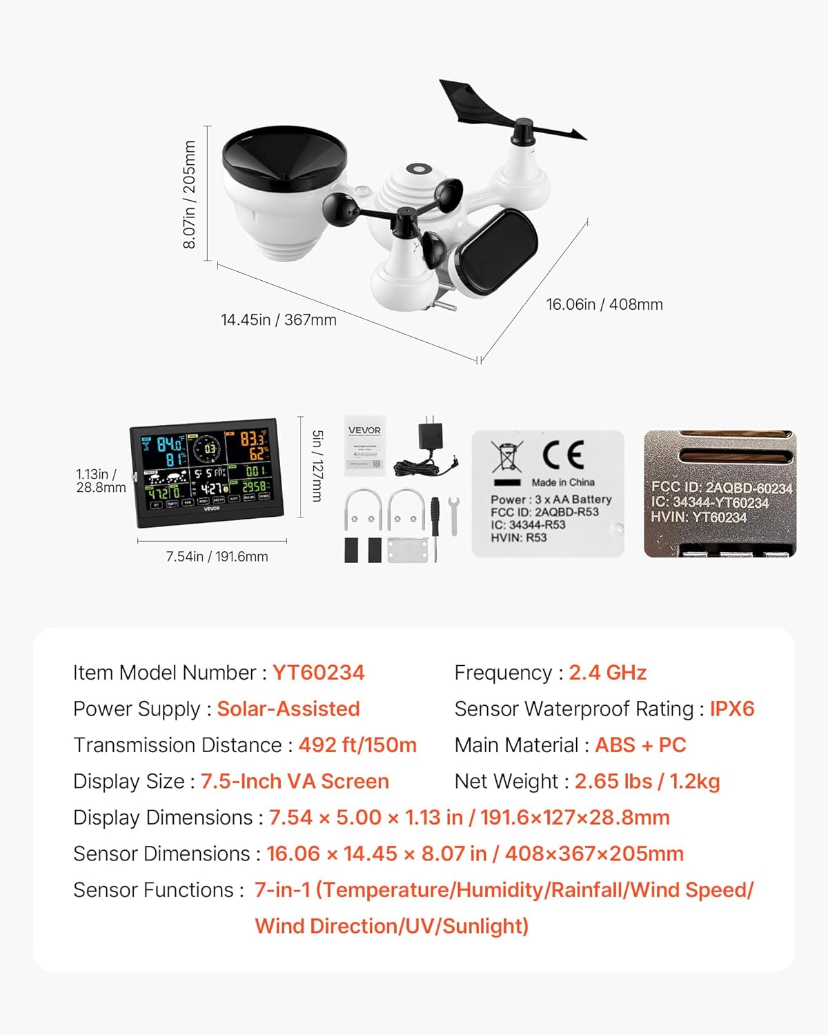 VEVOR 7-in-1 Wi-Fi Weather Station, 7.5-Inch VA Display, Solar Powered Wireless Outdoor Sensor, Home Weather Station Indoor Outdoor, for Temperature, Humidity, Wind Speed/Direction, Rainfall, No APP