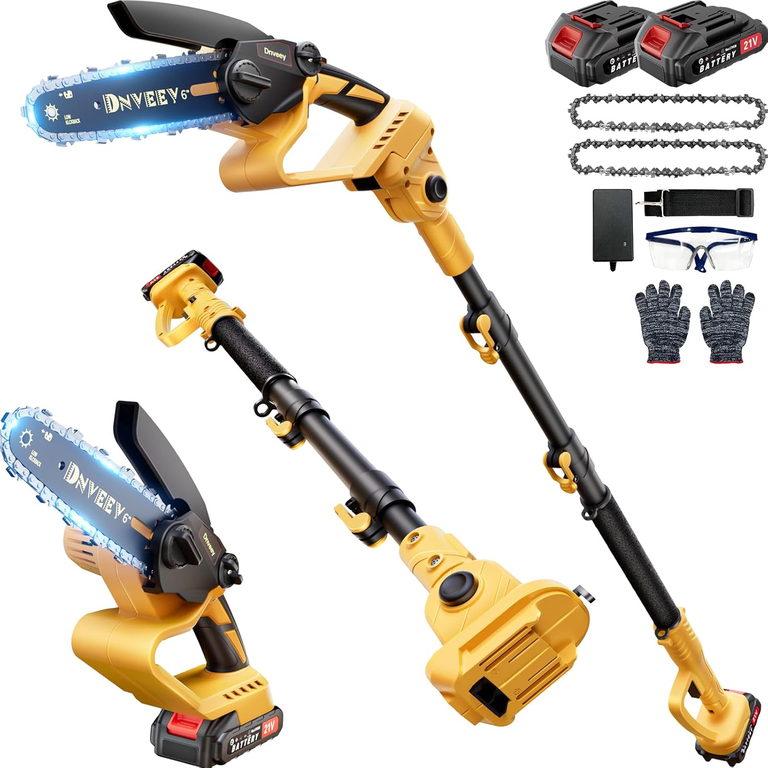 Cordless Pole Saw & Mini Chainsaw, 2-in-1 Lightweight Electric Pole Saw for Tree Trimming, Battery Powered with Brushless Motor, 2x2.0Ah Batteries (SN3014)