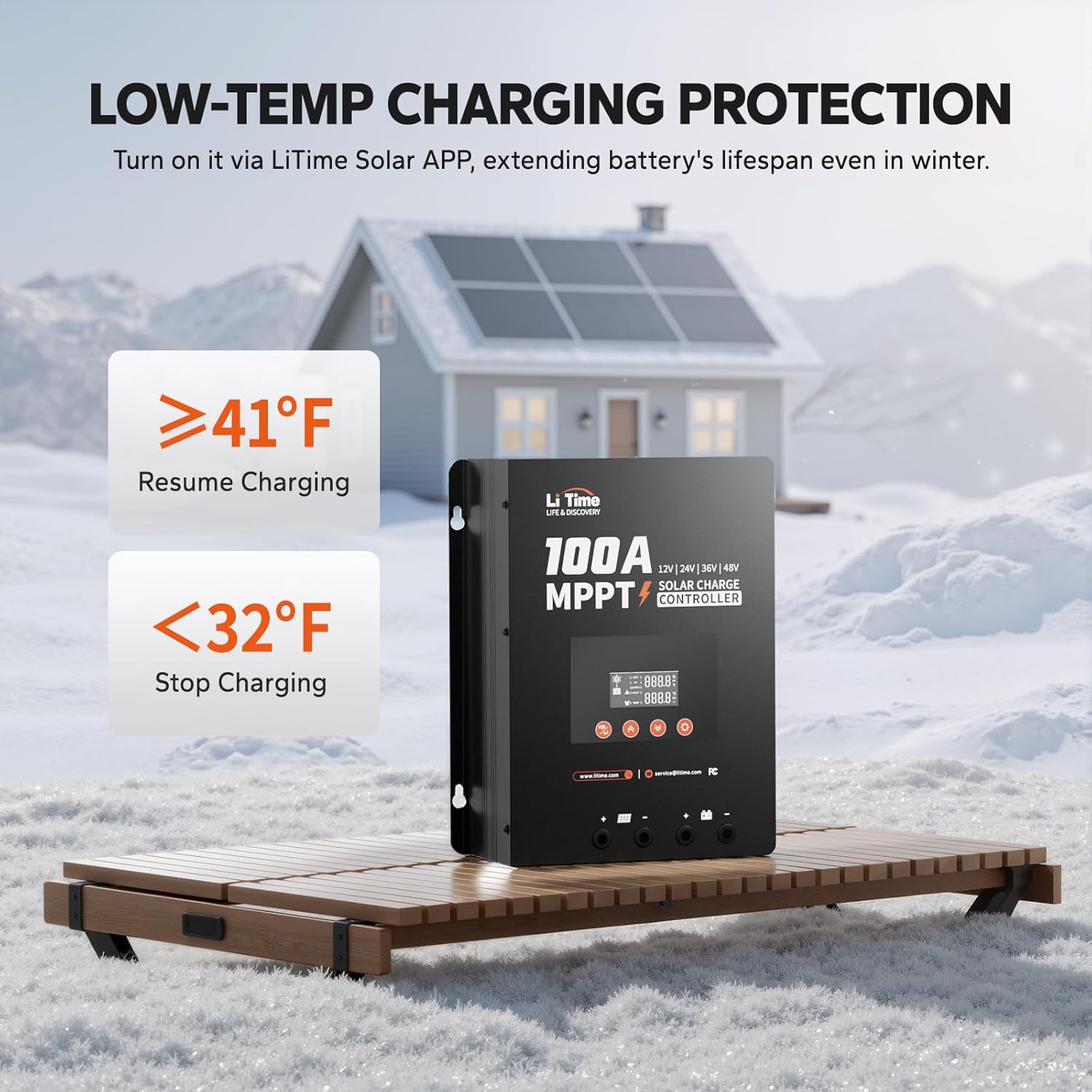LiTime MPPT Solar Charge Controller (Bluetooth) - Solar Panel Regulator -150V, 100Amp, 12/24/36/48Volt for LiFePO4 and Lead-Acid Battery in Solar System