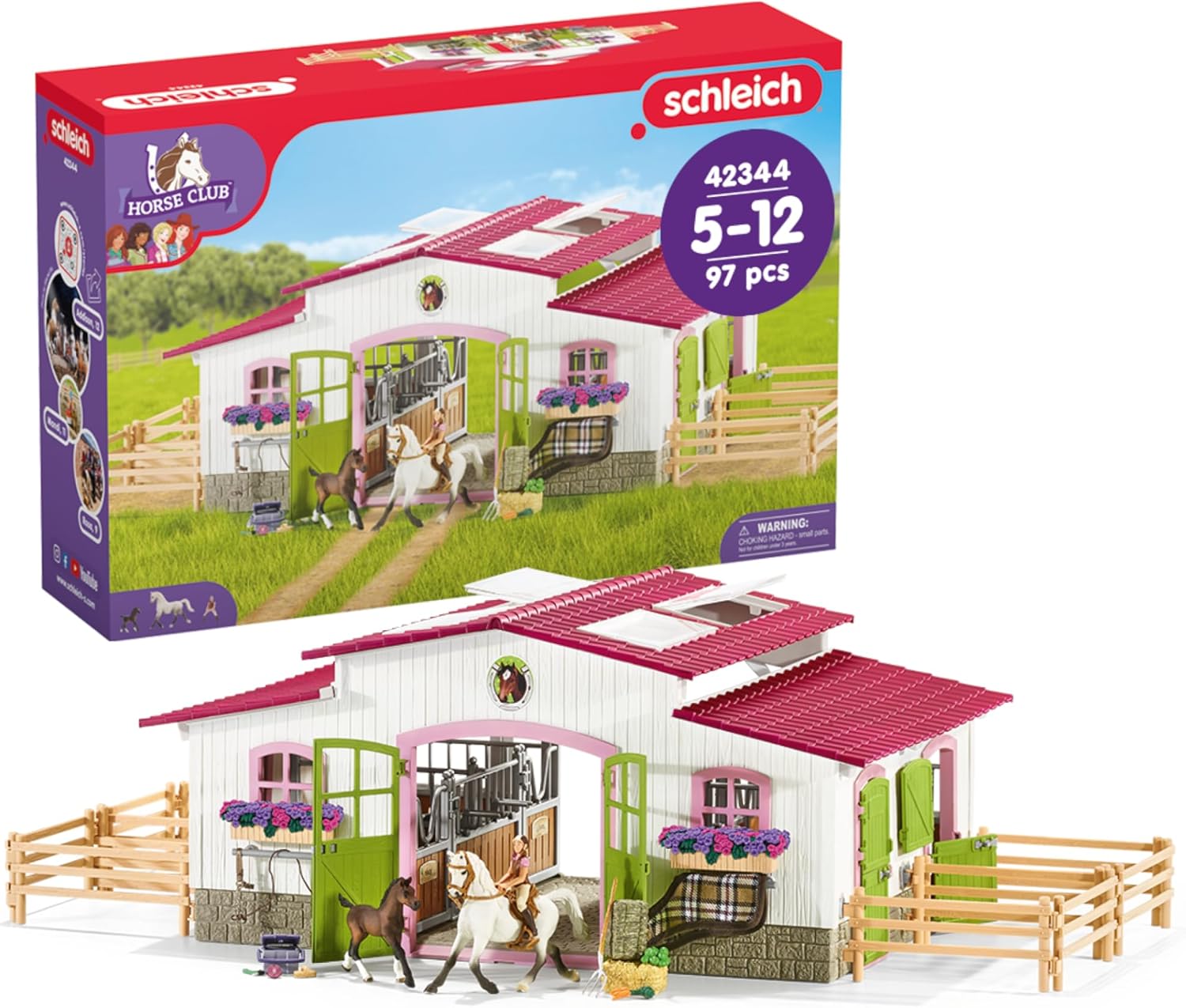 Schleich Horse Club - 97PC Riding Center Horse Toy Playset with Rider, 2 Horses, Barn and Farm Figurine Accessories for Girls and Boys - Interactive Play Figures - Realistic Kids Toys Ages 5+ | 42344