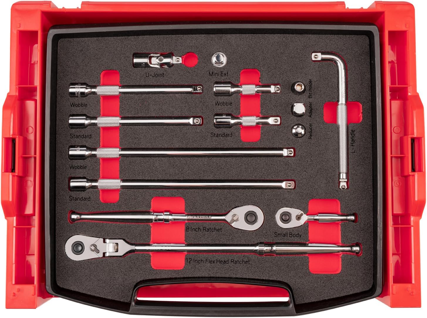 TEKTON 3/8 Inch Drive Ratchet and Accessories Set with Open Top Drawer and Rack (15-Piece) | SKT96401