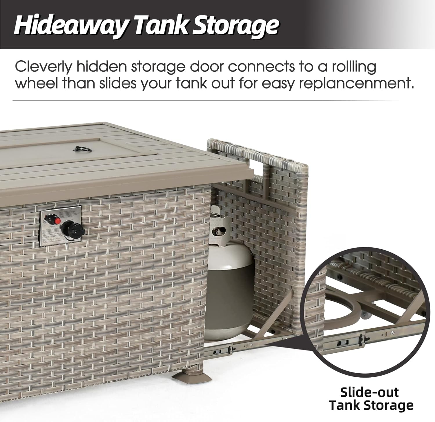 Outdoor Wicker Gas Fire Table, Patio Propane Gas Fire Pit w Aluminum Tabletop,Glass Wind Guard