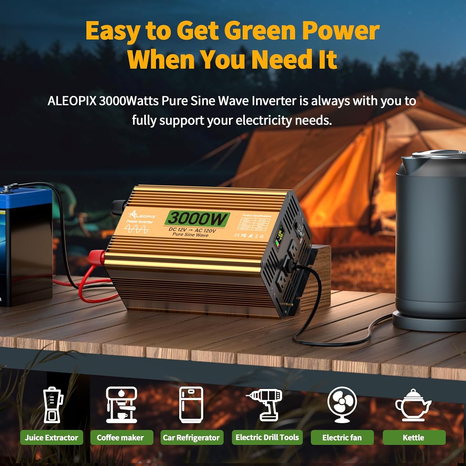 3000 Watt Inverter 12V DC to 110V/120V AC, Pure Sine Wave Inverter for Truck/RV/Home/Solar/Off-Grid, Surge 6000W Pure Sine Power with 3 AC Sockets, 5V 3.4A USB, Digital Display, Remote Controller